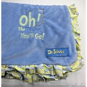 Dr. Seuss Baby Blanket Oh! The Places You'll Go Blue Yellow Ruffle 28x38
